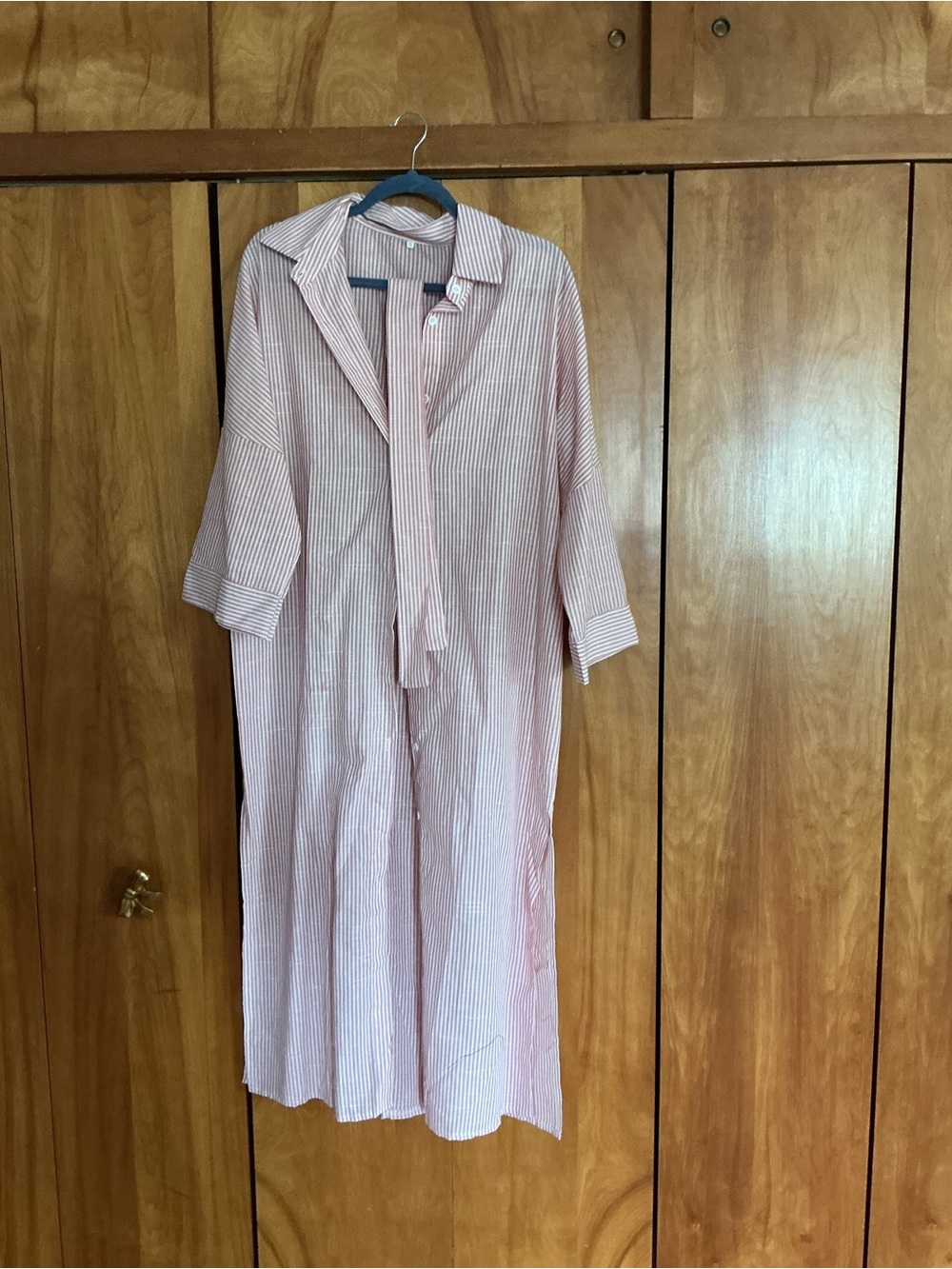 HALARA Pink and White Striped Midi Shirt Dress